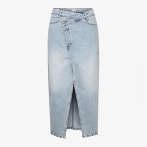 Light Blue Denim Midi Skirt with Front Slit